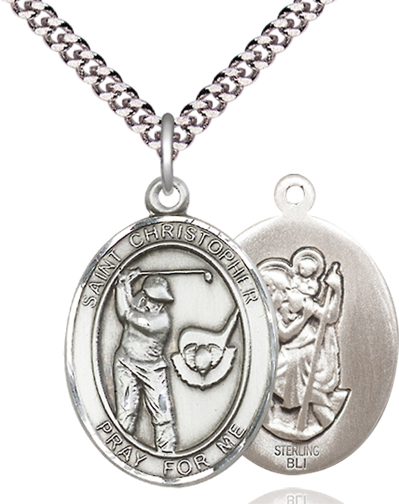 Sterling Silver Saint Christopher Golf Pendant on a 24 inch Light Rhodium Heavy Curb chain