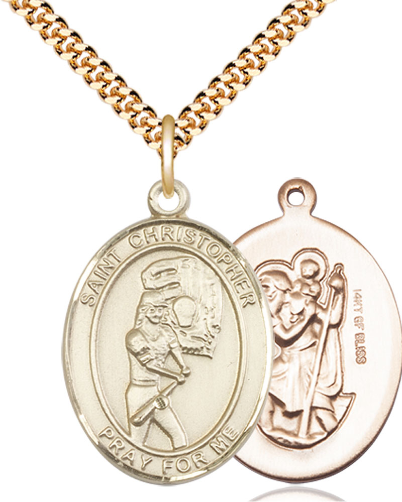 14kt Gold Filled Saint Christopher Softball Pendant on a 24 inch Gold Plate Heavy Curb chain