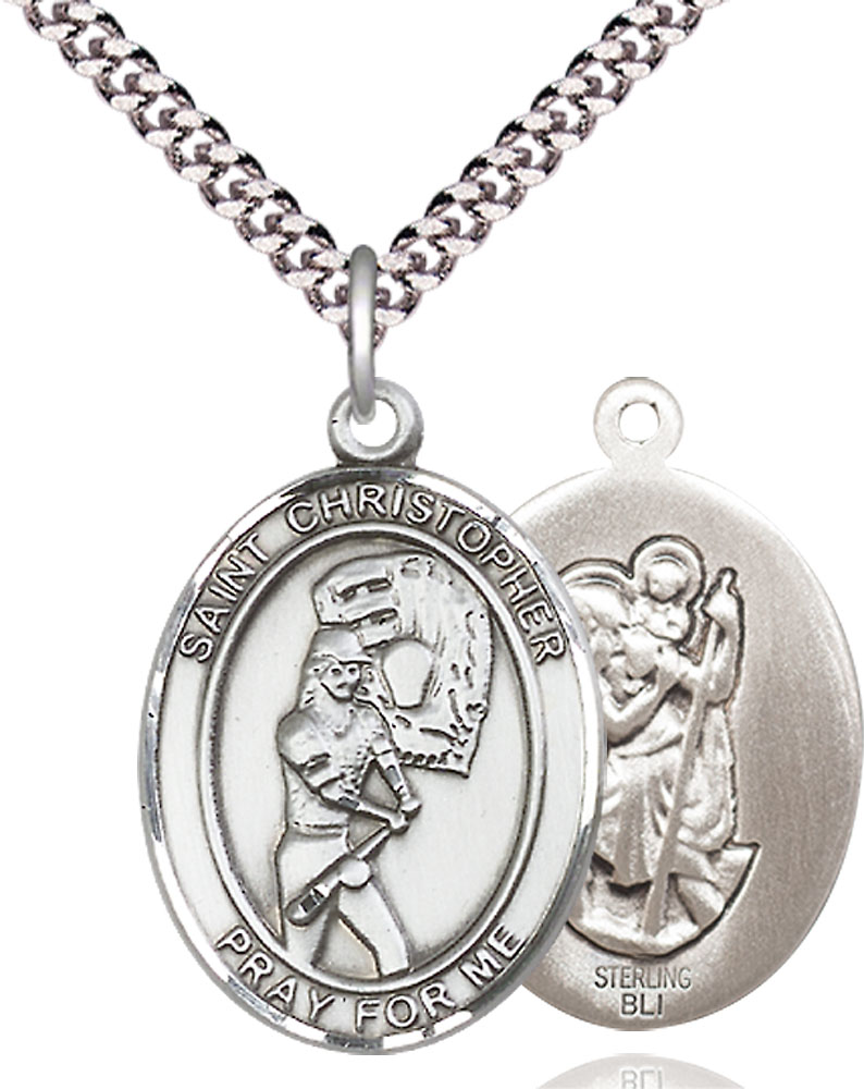 Sterling Silver Saint Christopher Softball Pendant on a 24 inch Light Rhodium Heavy Curb chain