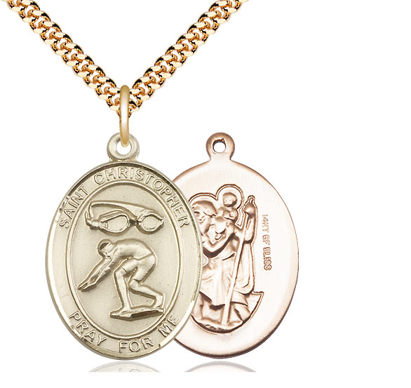 14kt Gold Filled Saint Christopher Swimming Pendant on a 24 inch Gold Plate Heavy Curb chain