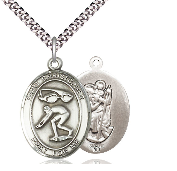 Sterling Silver Saint Christopher Swimming Pendant on a 24 inch Light Rhodium Heavy Curb chain