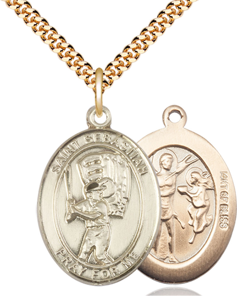 14kt Gold Filled Saint Sebastian Baseball Pendant on a 24 inch Gold Plate Heavy Curb chain