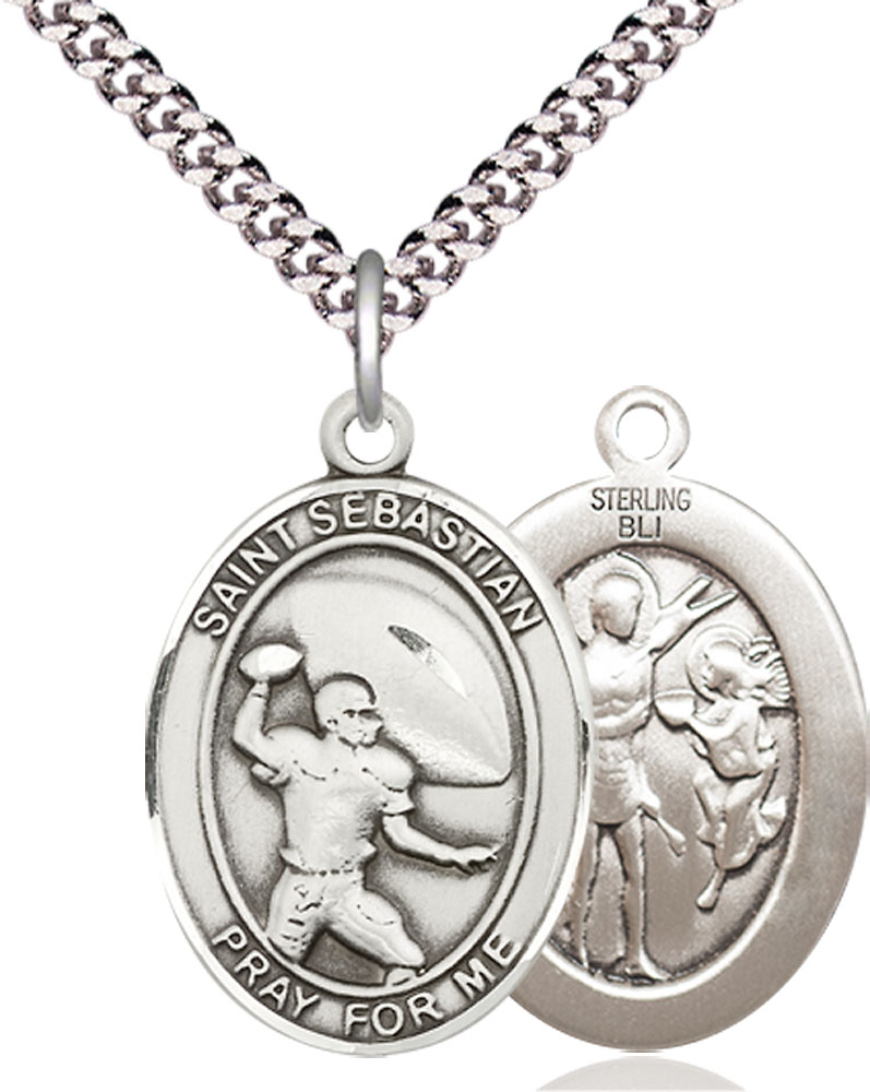 Sterling Silver Saint Sebastian Football Pendant on a 24 inch Light Rhodium Heavy Curb chain