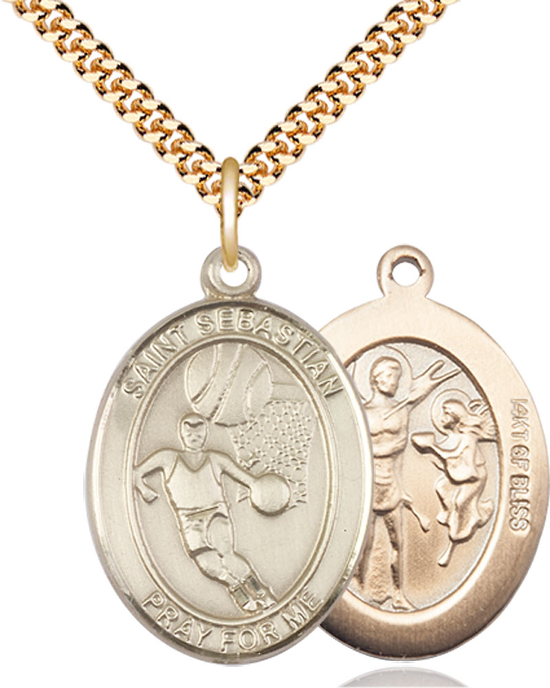 14kt Gold Filled Saint Sebastian Basketball Pendant on a 24 inch Gold Plate Heavy Curb chain