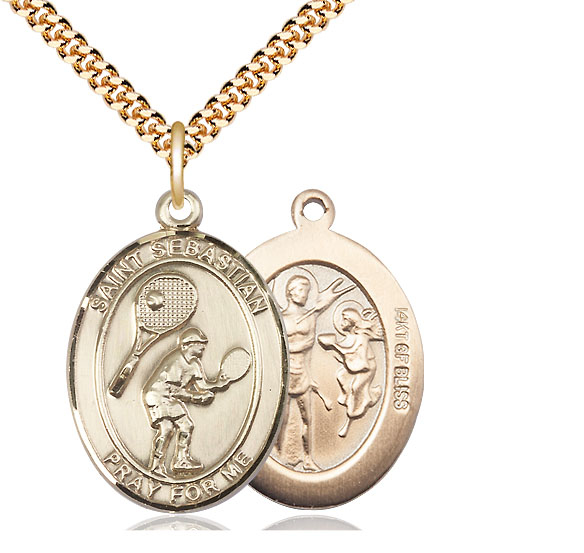 14kt Gold Filled Saint Sebastian Tennis Pendant on a 24 inch Gold Plate Heavy Curb chain