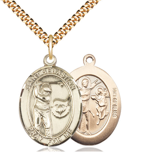 14kt Gold Filled Saint Sebastian Golf Pendant on a 24 inch Gold Plate Heavy Curb chain