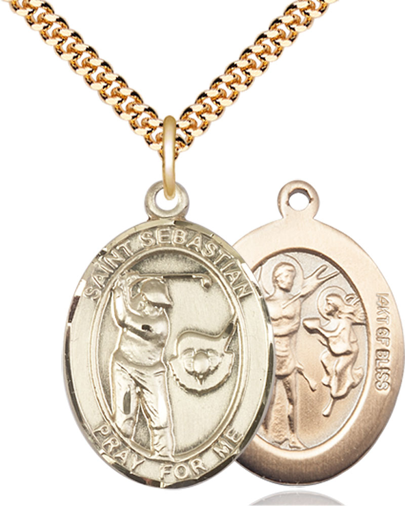 14kt Gold Filled Saint Sebastian Golf Pendant on a 24 inch Gold Plate Heavy Curb chain