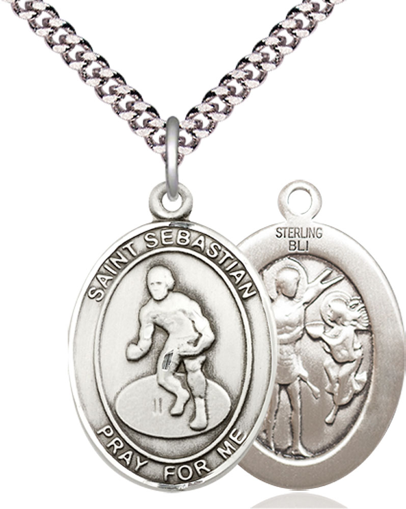 Sterling Silver Saint Sebastian Wrestling Pendant on a 24 inch Light Rhodium Heavy Curb chain