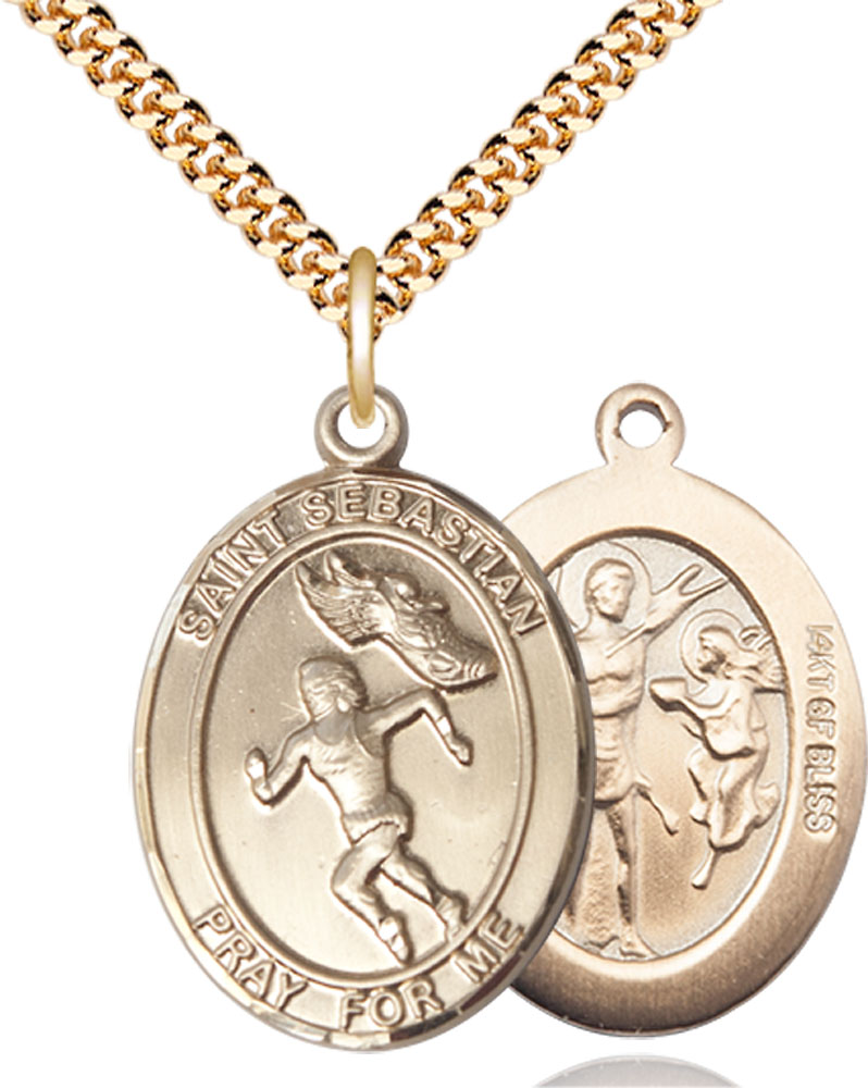 14kt Gold Filled Saint Sebastian Track and Field Pendant on a 24 inch Gold Plate Heavy Curb chain