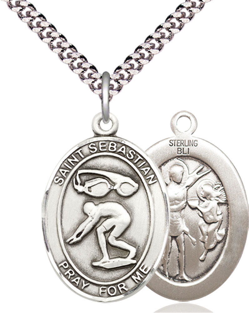 Sterling Silver Saint Sebastian Swimming Pendant on a 24 inch Light Rhodium Heavy Curb chain