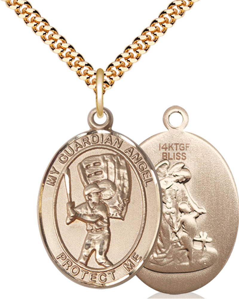 14kt Gold Filled Guardian Angel Baseball Pendant on a 24 inch Gold Plate Heavy Curb chain
