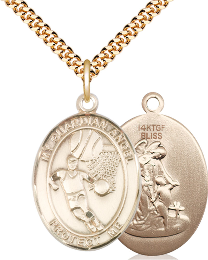 14kt Gold Filled Guardian Angel Basketball Pendant on a 24 inch Gold Plate Heavy Curb chain