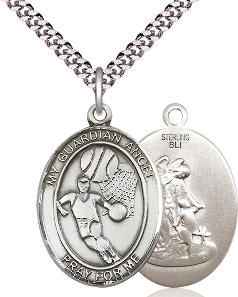 Sterling Silver Guardian Angel Basketball Pendant on a 24 inch Light Rhodium Heavy Curb chain