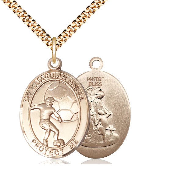 14kt Gold Filled Guardian Angel Soccer Pendant on a 24 inch Gold Plate Heavy Curb chain