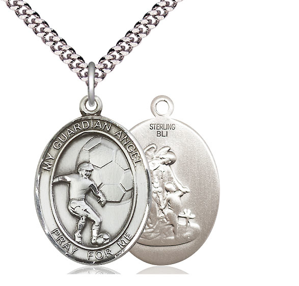 Sterling Silver Guardian Angel Soccer Pendant on a 24 inch Light Rhodium Heavy Curb chain