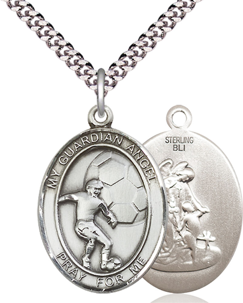 Sterling Silver Guardian Angel Soccer Pendant on a 24 inch Light Rhodium Heavy Curb chain
