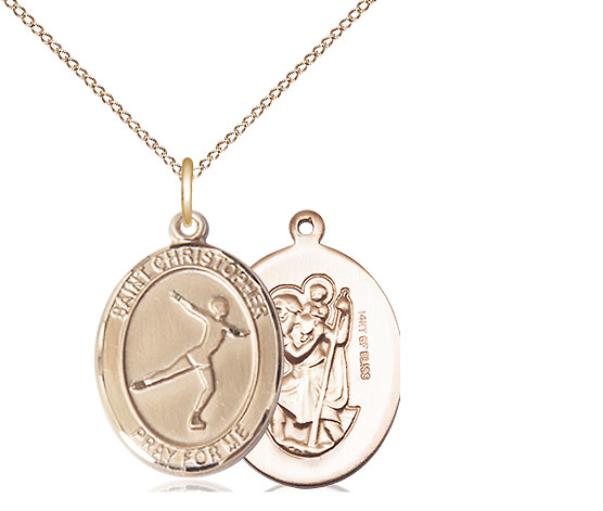 14kt Gold Filled Saint Christopher Figure Skating Pendant on a 18 inch Gold Filled Light Curb chain