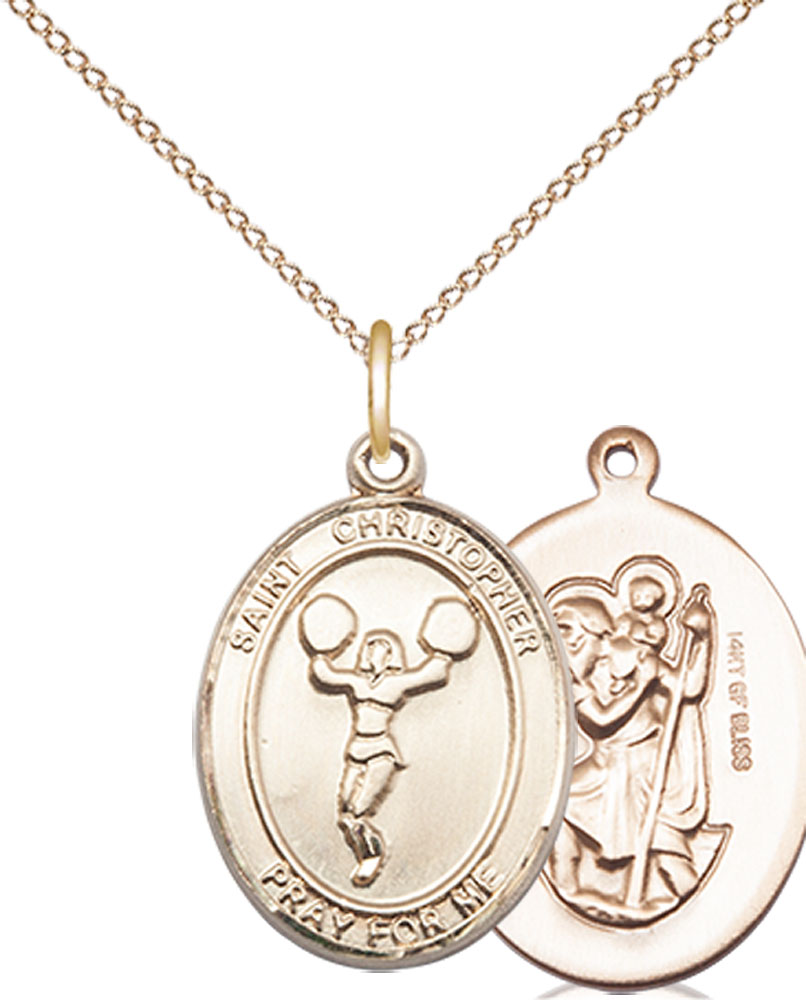 14kt Gold Filled Saint Christopher Cheerleading Pendant on a 18 inch Gold Filled Light Curb chain