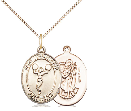 14kt Gold Filled Saint Christopher Cheerleading Pendant on a 18 inch Gold Filled Light Curb chain