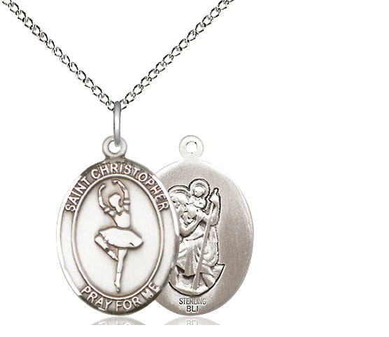 Sterling Silver Saint Christopher Dance Pendant on a 18 inch Sterling Silver Light Curb chain