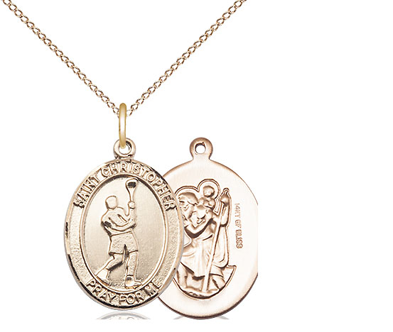 14kt Gold Filled Saint Christopher Lacrosse Pendant on a 18 inch Gold Filled Light Curb chain