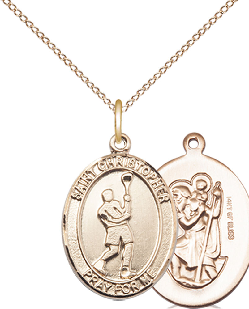 14kt Gold Filled Saint Christopher Lacrosse Pendant on a 18 inch Gold Filled Light Curb chain