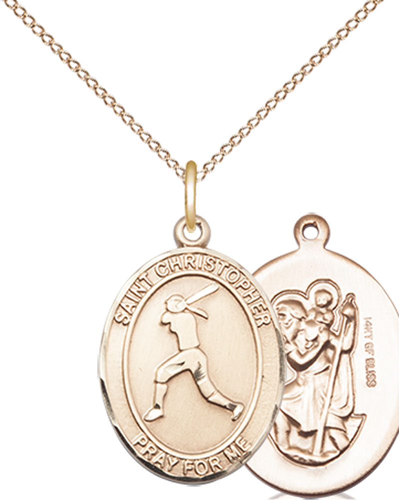 14kt Gold Filled Saint Christopher Softball Pendant on a 18 inch Gold Filled Light Curb chain