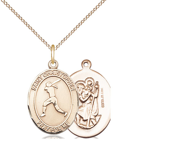 14kt Gold Filled Saint Christopher Softball Pendant on a 18 inch Gold Filled Light Curb chain