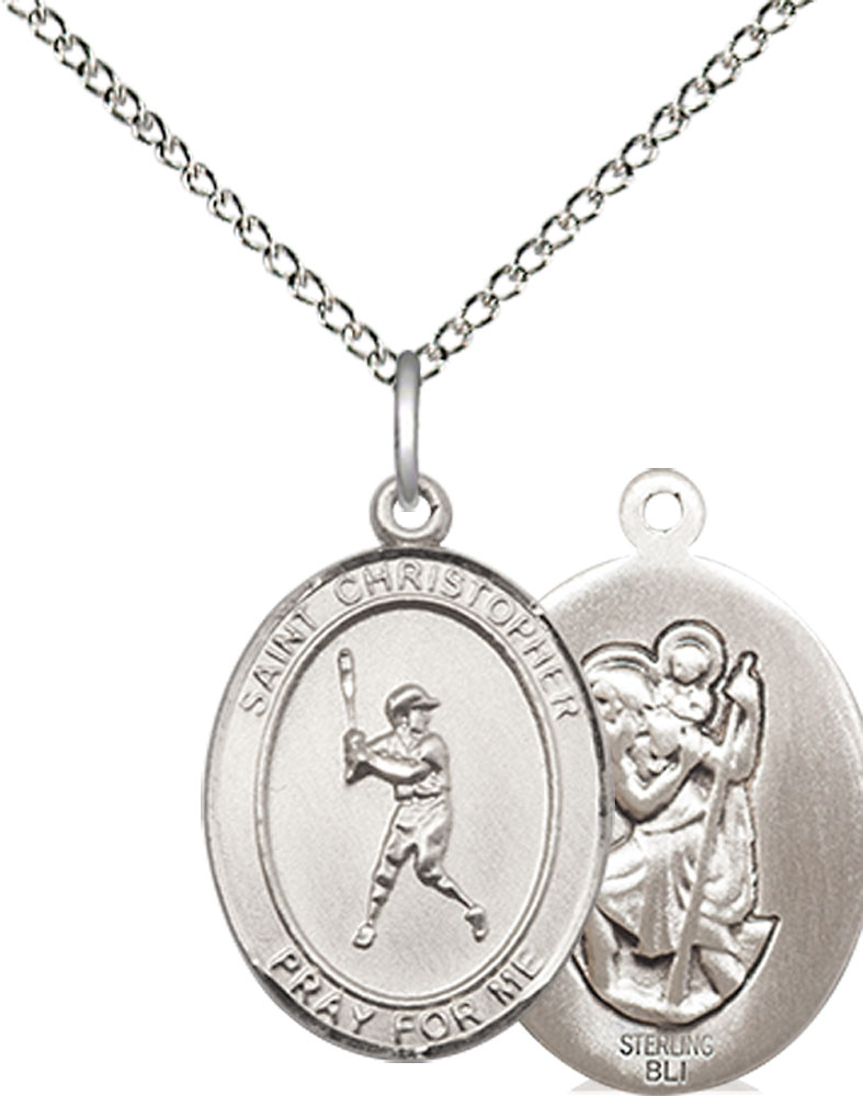 Sterling Silver Saint Christopher Baseball Pendant on a 18 inch Sterling Silver Light Curb chain