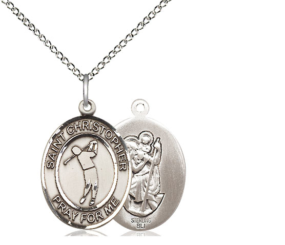 Sterling Silver Saint Christopher Golf Pendant on a 18 inch Sterling Silver Light Curb chain