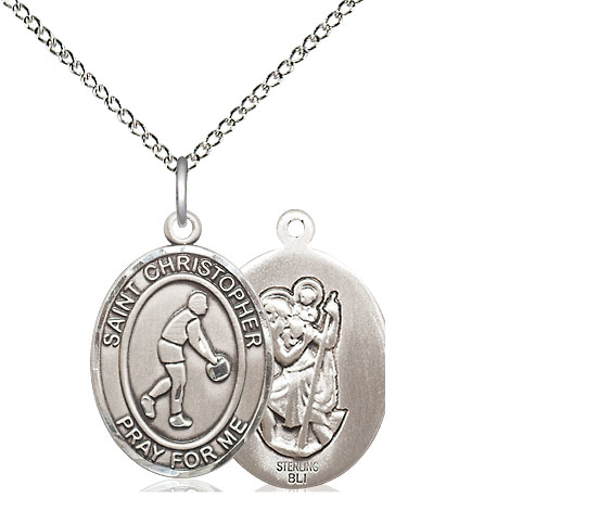 Sterling Silver Saint Christopher Basketball Pendant on a 18 inch Sterling Silver Light Curb chain