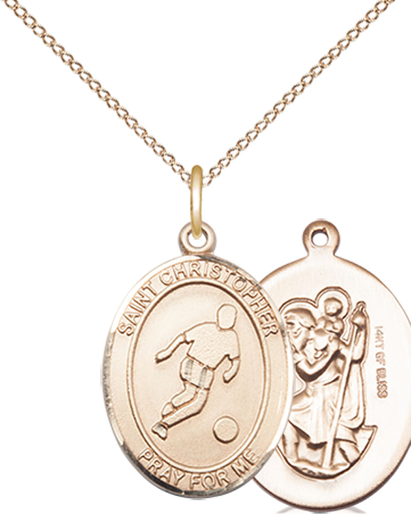 14kt Gold Filled Saint Christopher Soccer Pendant on a 18 inch Gold Filled Light Curb chain
