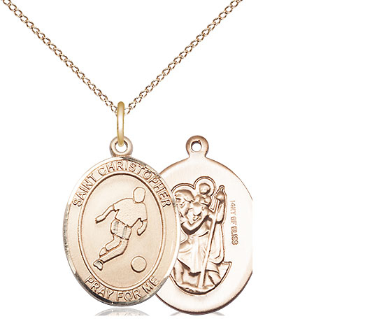14kt Gold Filled Saint Christopher Soccer Pendant on a 18 inch Gold Filled Light Curb chain