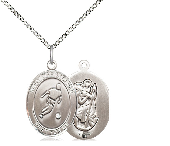Sterling Silver Saint Christopher Soccer Pendant on a 18 inch Sterling Silver Light Curb chain