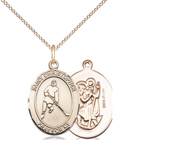 14kt Gold Filled Saint Christopher Ice Hockey Pendant on a 18 inch Gold Filled Light Curb chain