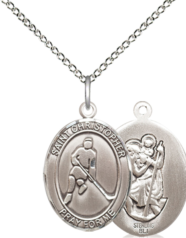 Sterling Silver Saint Christopher Ice Hockey Pendant on a 18 inch Sterling Silver Light Curb chain