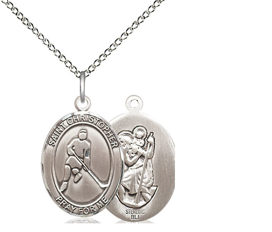 Sterling Silver Saint Christopher Ice Hockey Pendant on a 18 inch Sterling Silver Light Curb chain