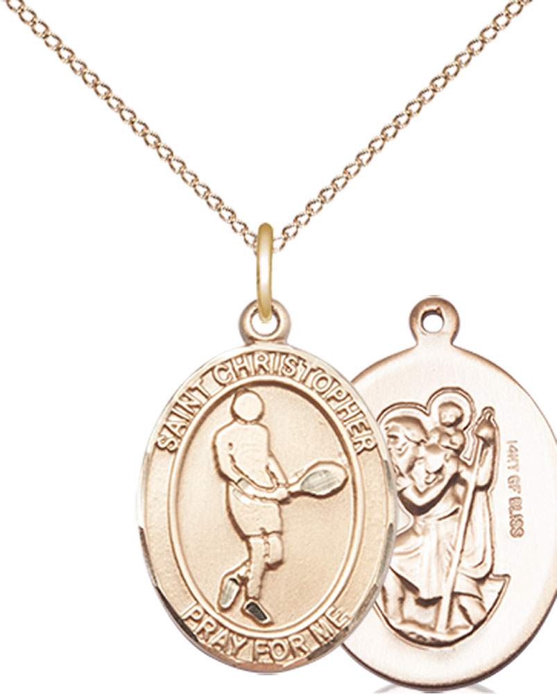 14kt Gold Filled Saint Christopher Tennis Pendant on a 18 inch Gold Filled Light Curb chain