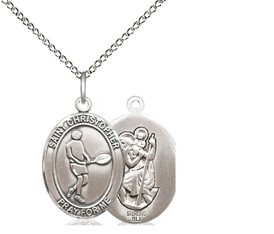 Sterling Silver Saint Christopher Tennis Pendant on a 18 inch Sterling Silver Light Curb chain