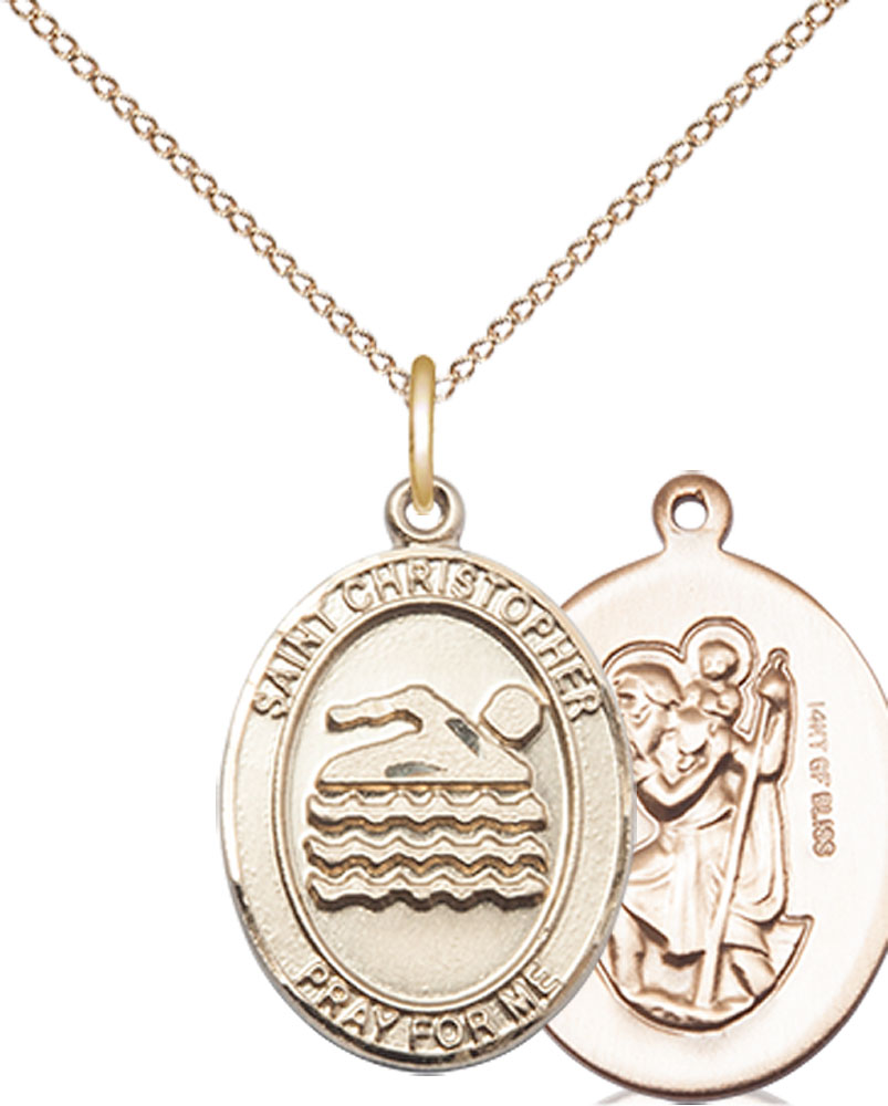 14kt Gold Filled Saint Christopher Swimming Pendant on a 18 inch Gold Filled Light Curb chain