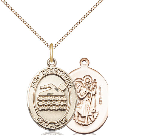14kt Gold Filled Saint Christopher Swimming Pendant on a 18 inch Gold Filled Light Curb chain