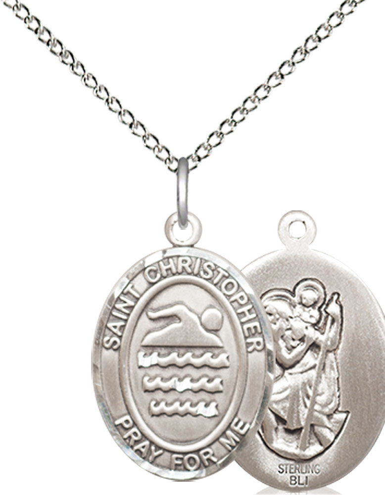 Sterling Silver Saint Christopher Swimming Pendant on a 18 inch Sterling Silver Light Curb chain