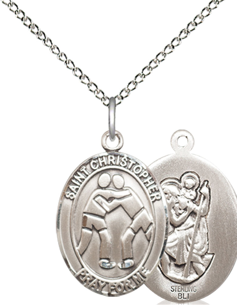 Sterling Silver Saint Christopher Wrestling Pendant on a 18 inch Sterling Silver Light Curb chain