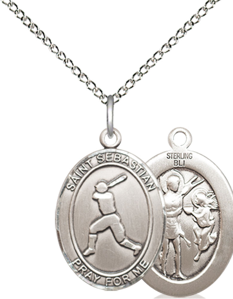 Sterling Silver Saint Sebastian Baseball Pendant on a 18 inch Sterling Silver Light Curb chain