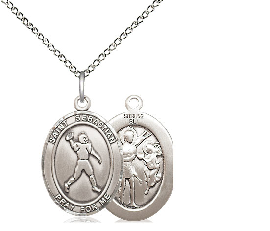 Sterling Silver Saint Sebastian Football Pendant on a 18 inch Sterling Silver Light Curb chain