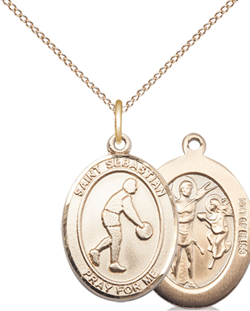 14kt Gold Filled Saint Sebastian Basketball Pendant on a 18 inch Gold Filled Light Curb chain
