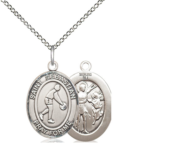 Sterling Silver Saint Sebastian Basketball Pendant on a 18 inch Sterling Silver Light Curb chain