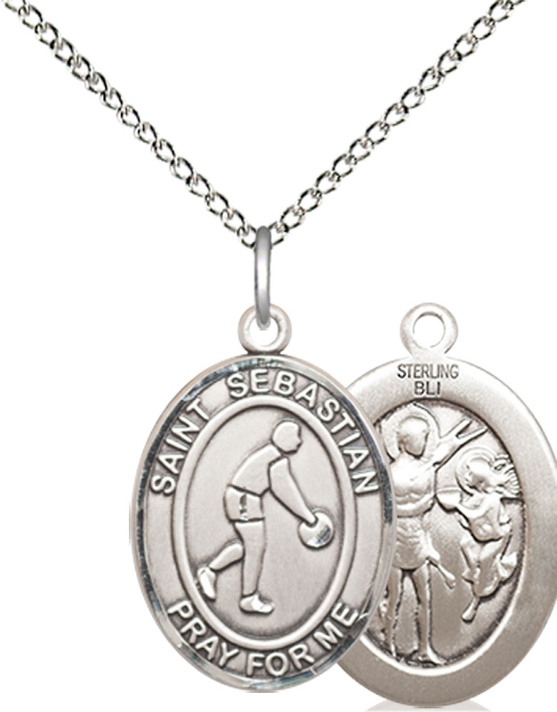 Sterling Silver Saint Sebastian Basketball Pendant on a 18 inch Sterling Silver Light Curb chain