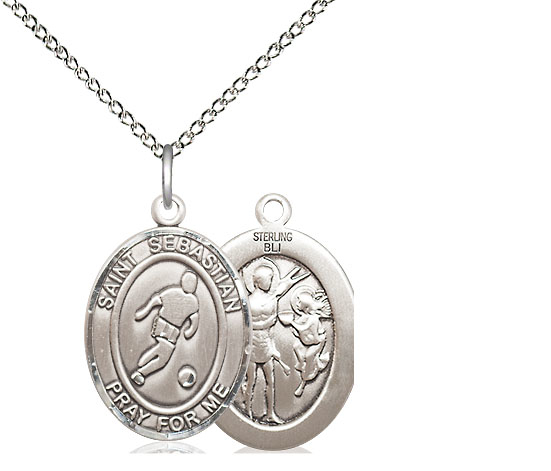 Sterling Silver Saint Sebastian Soccer Pendant on a 18 inch Sterling Silver Light Curb chain