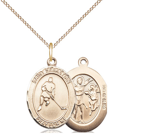 14kt Gold Filled Saint Sebastian Ice Hockey Pendant on a 18 inch Gold Filled Light Curb chain